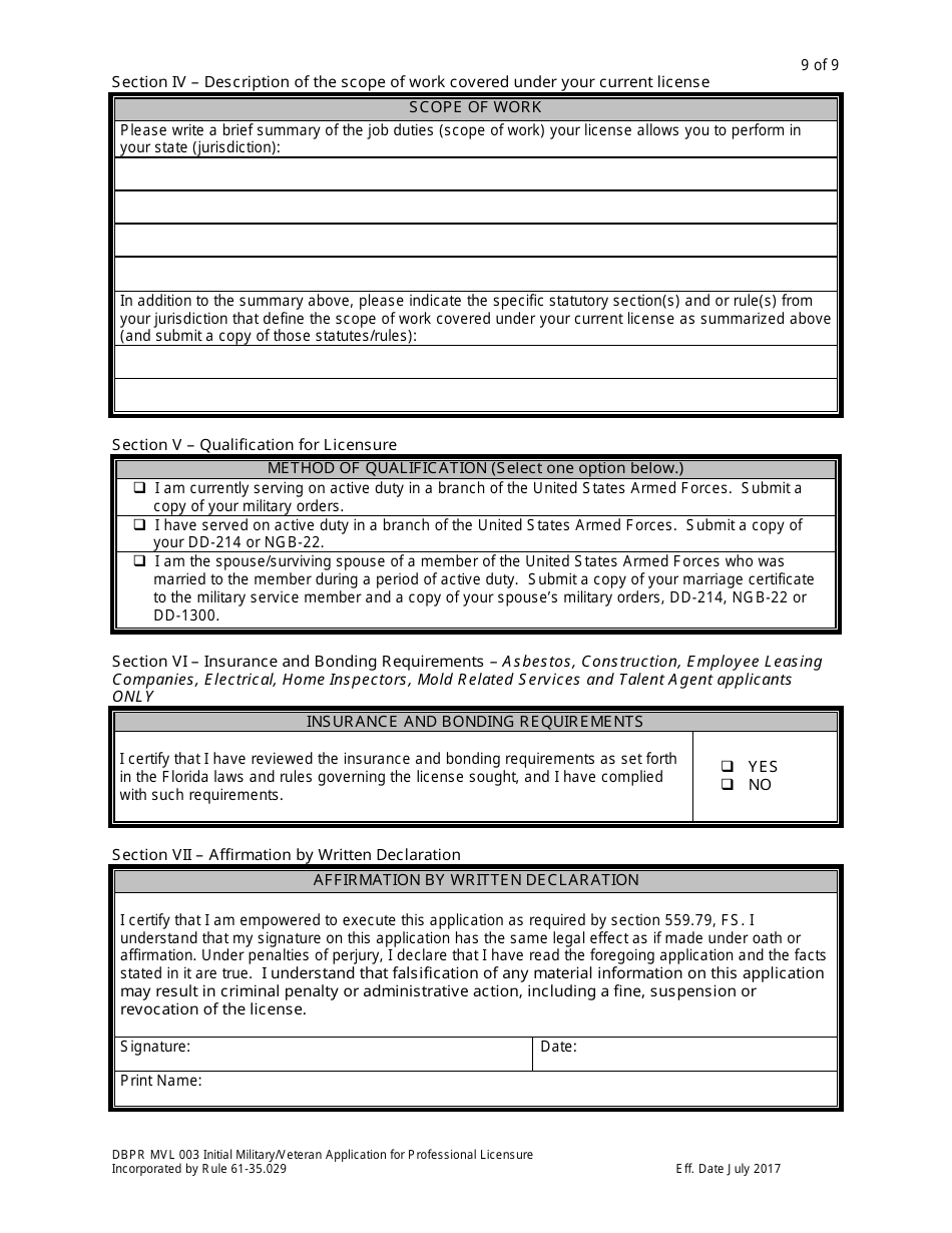 Form DBPR MVL003 Application for Initial Military / Veteran Application for Professional Licensure - Florida, Page 9