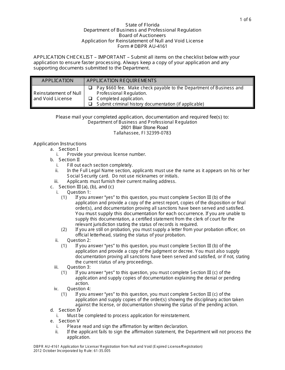 Form DBPR AU-4161 Application for Reinstatement of Null and Void License - Florida, Page 1