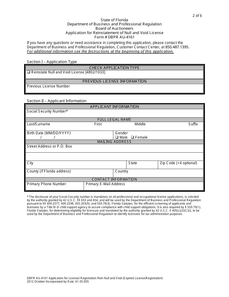 Form DBPR AU-4161 Application for Reinstatement of Null and Void License - Florida, Page 2