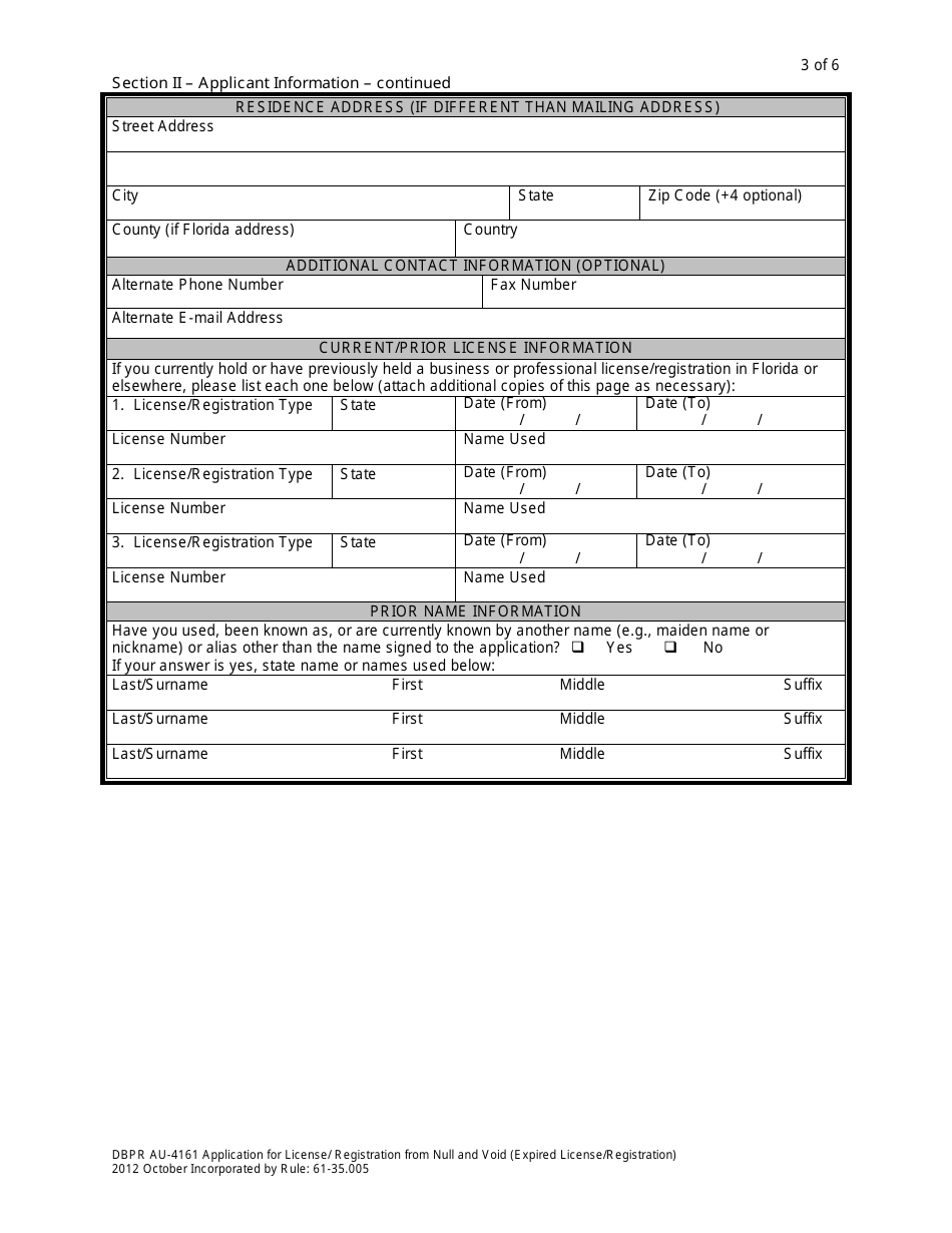 Form DBPR AU-4161 Application for Reinstatement of Null and Void License - Florida, Page 3