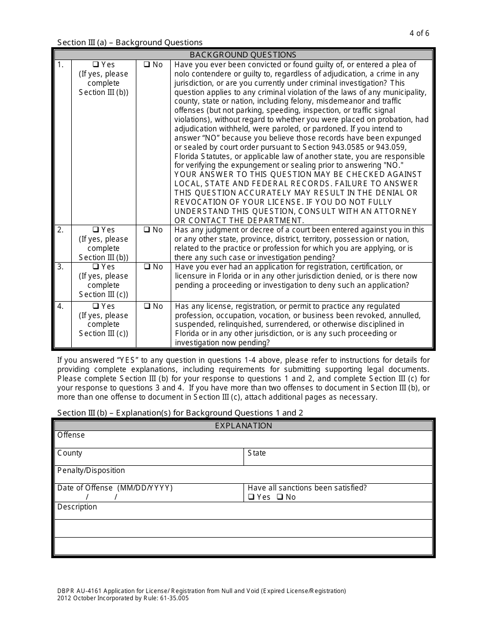 Form DBPR AU-4161 Application for Reinstatement of Null and Void License - Florida, Page 4