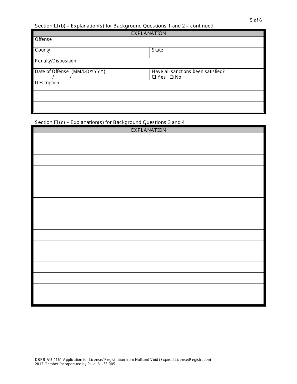 Form DBPR AU-4161 Application for Reinstatement of Null and Void License - Florida, Page 5