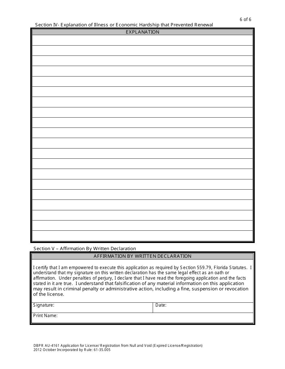 Form DBPR AU-4161 Application for Reinstatement of Null and Void License - Florida, Page 6