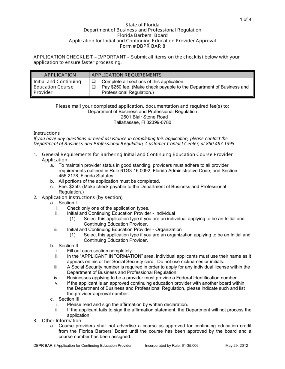 Form DBPR BAR8 - Fill Out, Sign Online and Download Fillable PDF ...
