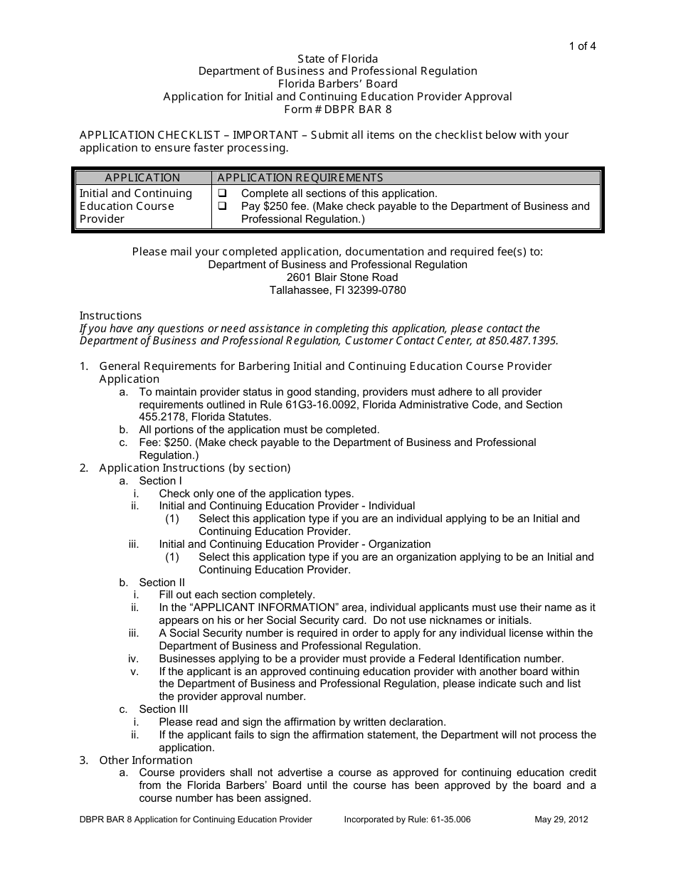 Form DBPR BAR8 Application for Initial and Continuing Education Provider Approval - Florida, Page 1