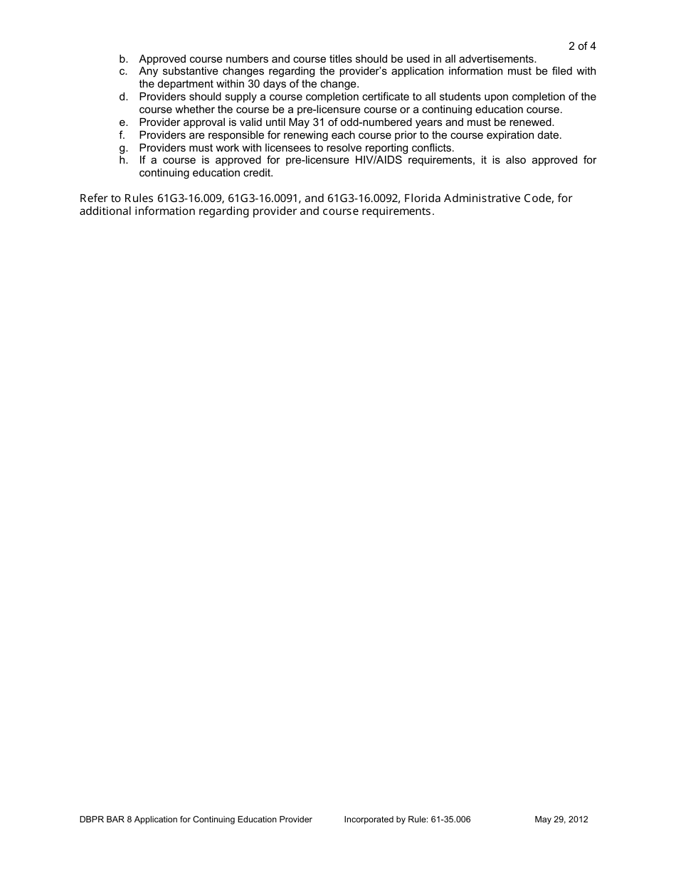 Form DBPR BAR8 Application for Initial and Continuing Education Provider Approval - Florida, Page 2