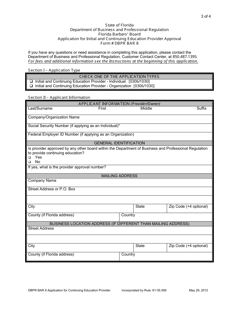 Form DBPR BAR8 Application for Initial and Continuing Education Provider Approval - Florida, Page 3