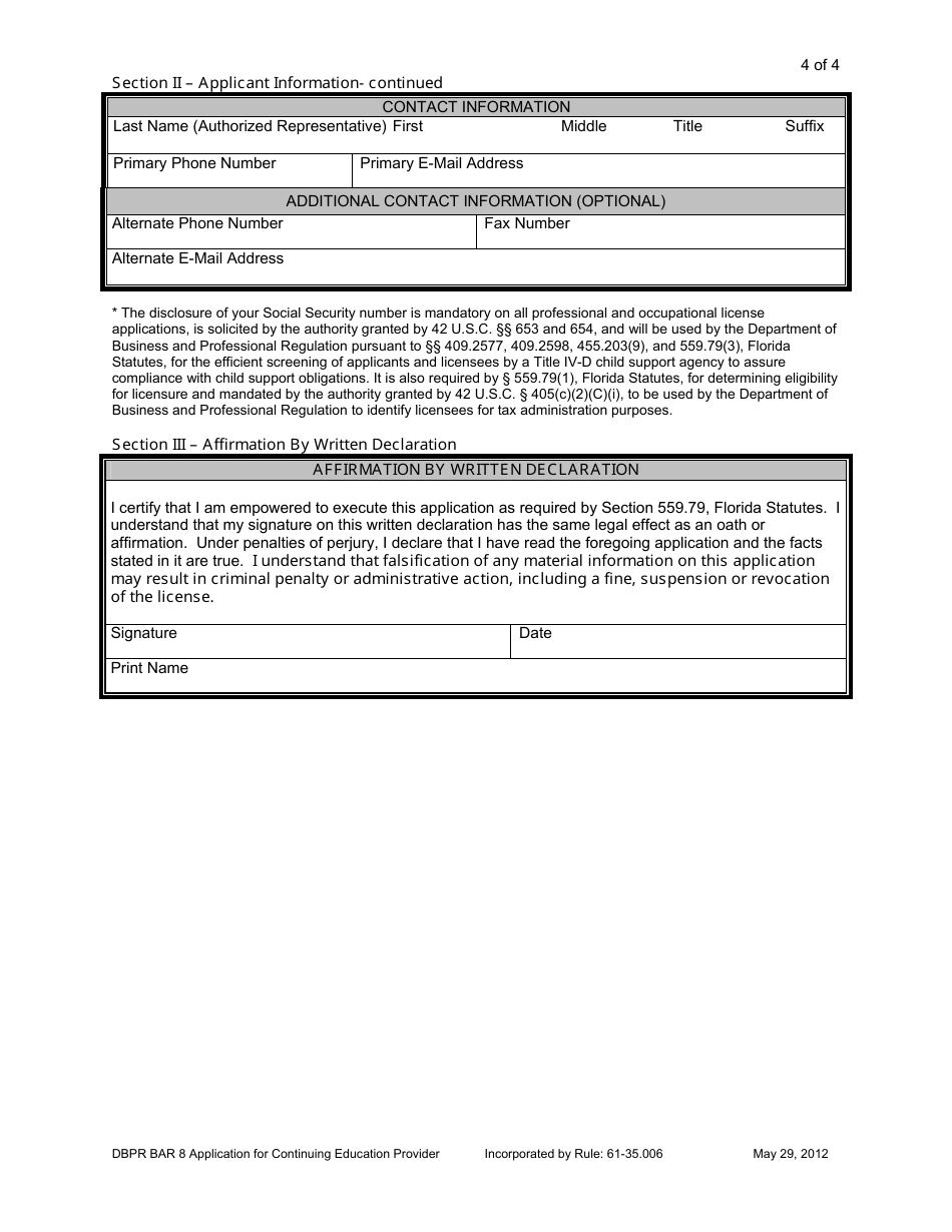 Form DBPR BAR8 Application for Initial and Continuing Education Provider Approval - Florida, Page 4