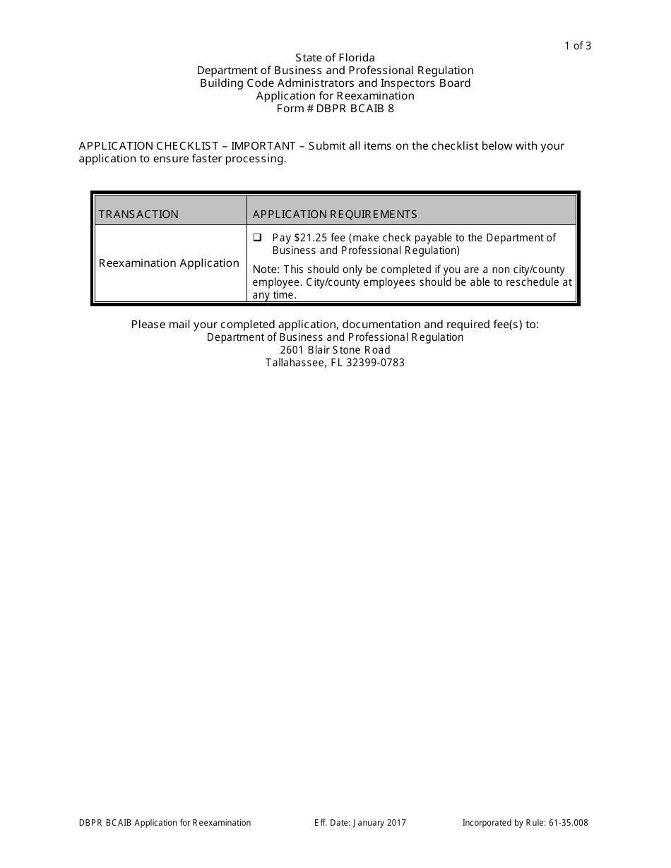 Form DBPR BCAIB8 Application for Reexamination - Florida, Page 1