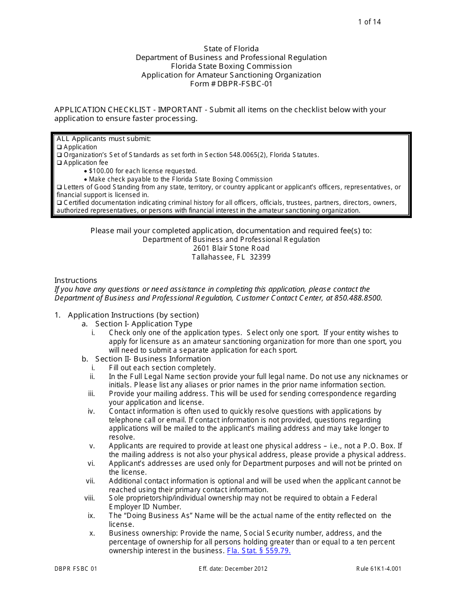 Form DBPR FSBC01 Application for Amateur Sanctioning Organization - Florida, Page 1