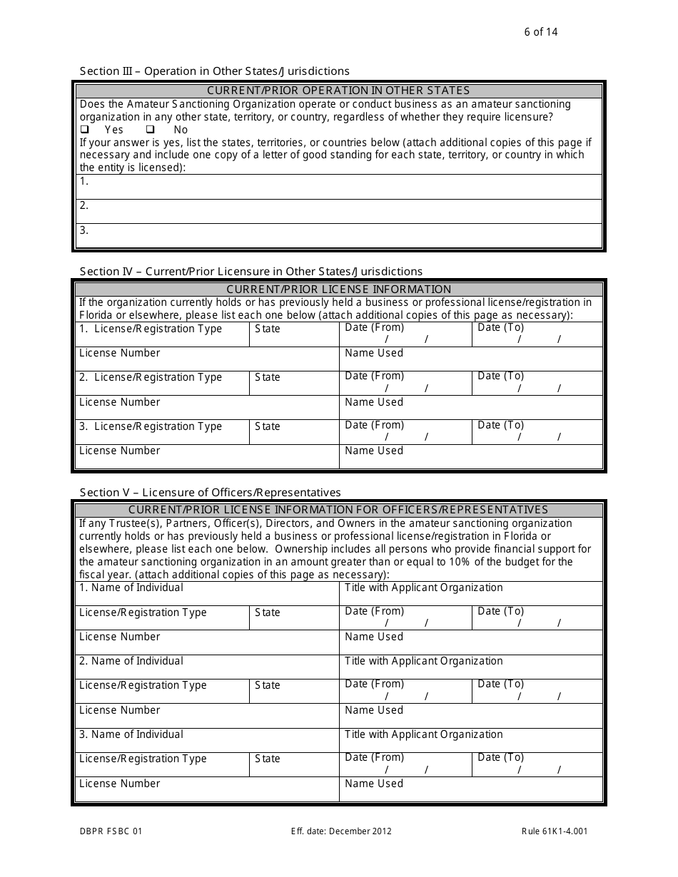 Form DBPR FSBC01 Application for Amateur Sanctioning Organization - Florida, Page 6
