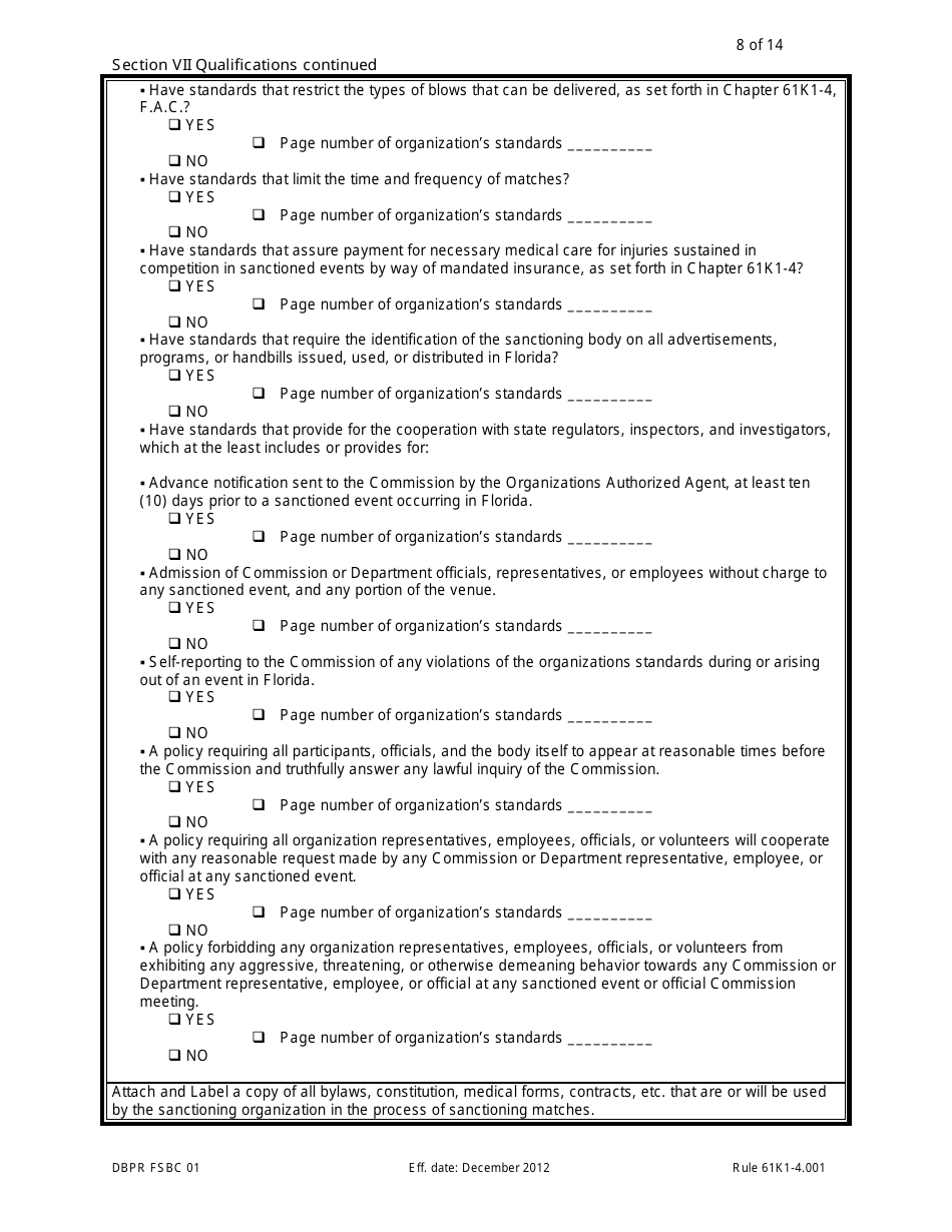Form DBPR FSBC01 Application for Amateur Sanctioning Organization - Florida, Page 8