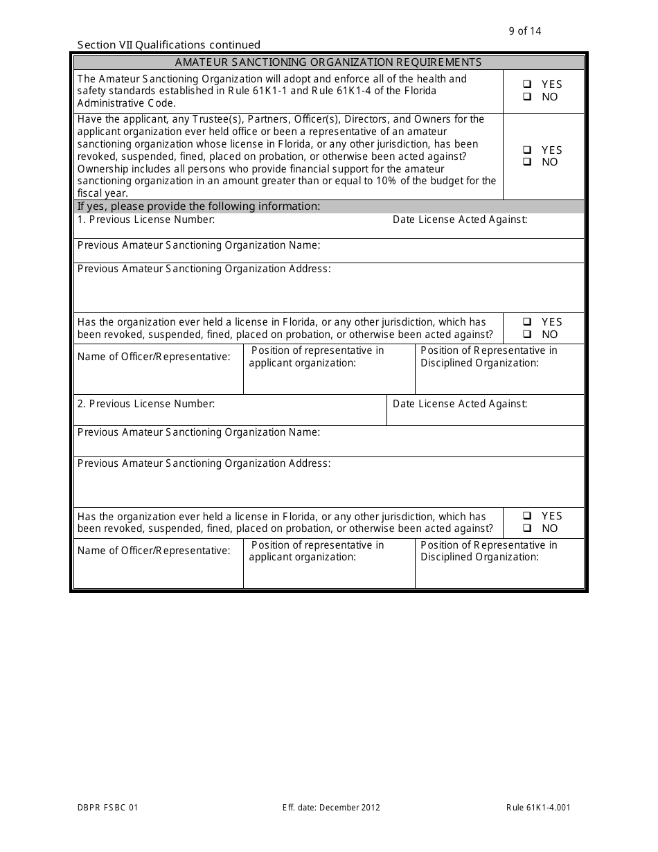 Form DBPR FSBC01 Application for Amateur Sanctioning Organization - Florida, Page 9