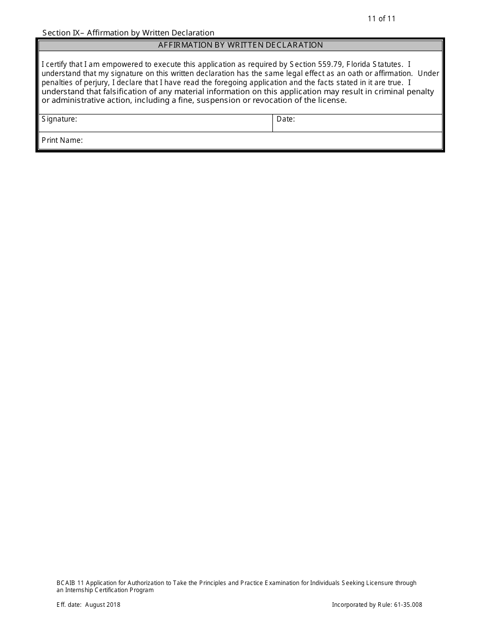 Form DBPR BCAIB11 Application for Authorization to Take the Principles and Practice Examination for Individuals Seeking Licensure Through an Internship Certification Program - Florida, Page 11