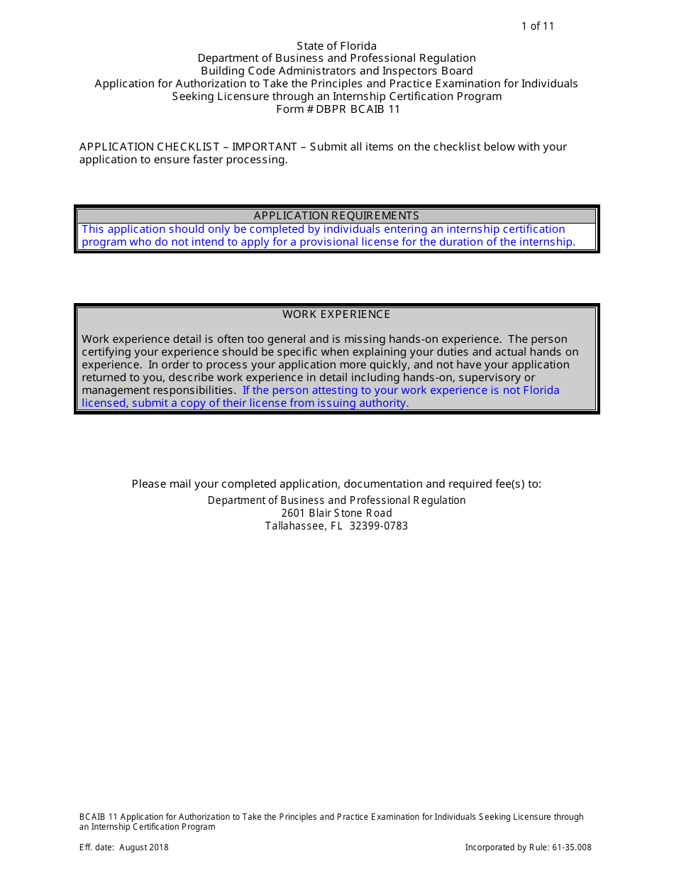 Form DBPR BCAIB11 Application for Authorization to Take the Principles and Practice Examination for Individuals Seeking Licensure Through an Internship Certification Program - Florida, Page 1