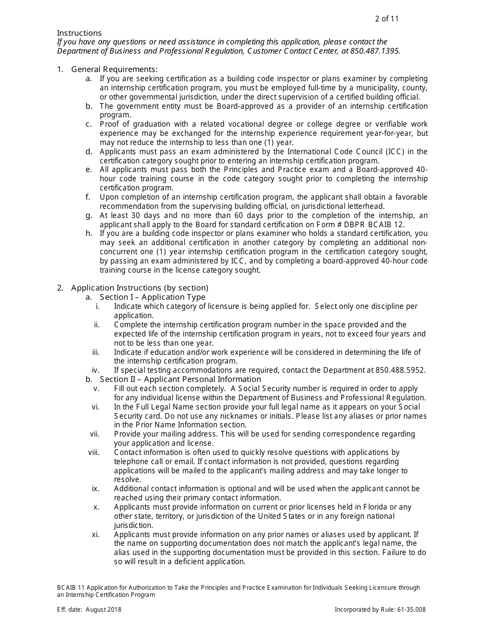 Form DBPR BCAIB11 Application for Authorization to Take the Principles and Practice Examination for Individuals Seeking Licensure Through an Internship Certification Program - Florida, Page 2