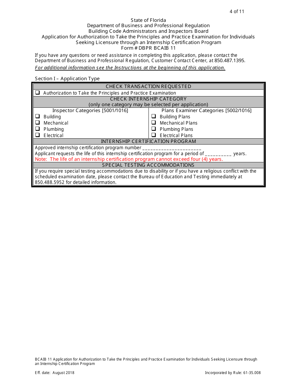 Form DBPR BCAIB11 Application for Authorization to Take the Principles and Practice Examination for Individuals Seeking Licensure Through an Internship Certification Program - Florida, Page 4