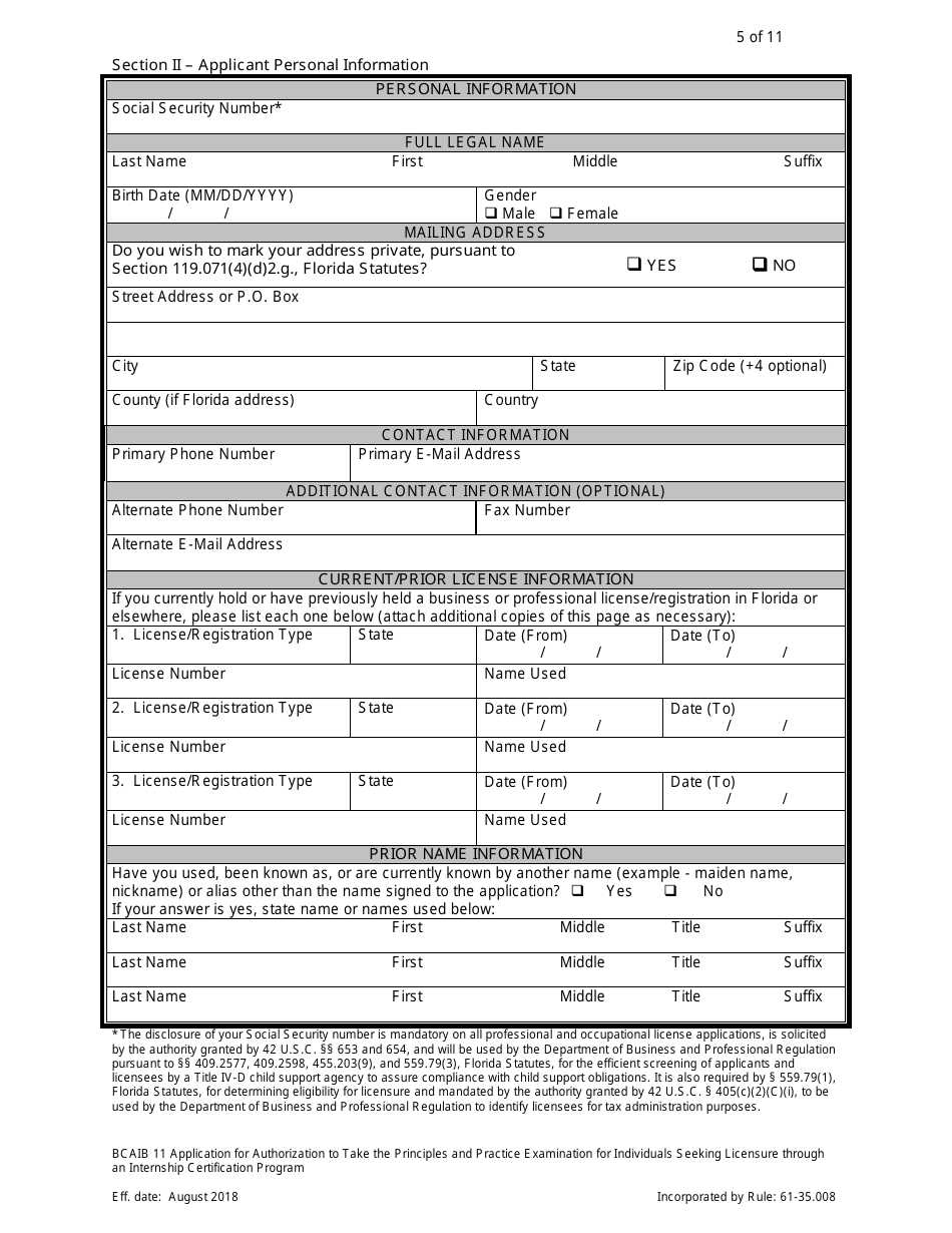 Form DBPR BCAIB11 Application for Authorization to Take the Principles and Practice Examination for Individuals Seeking Licensure Through an Internship Certification Program - Florida, Page 5