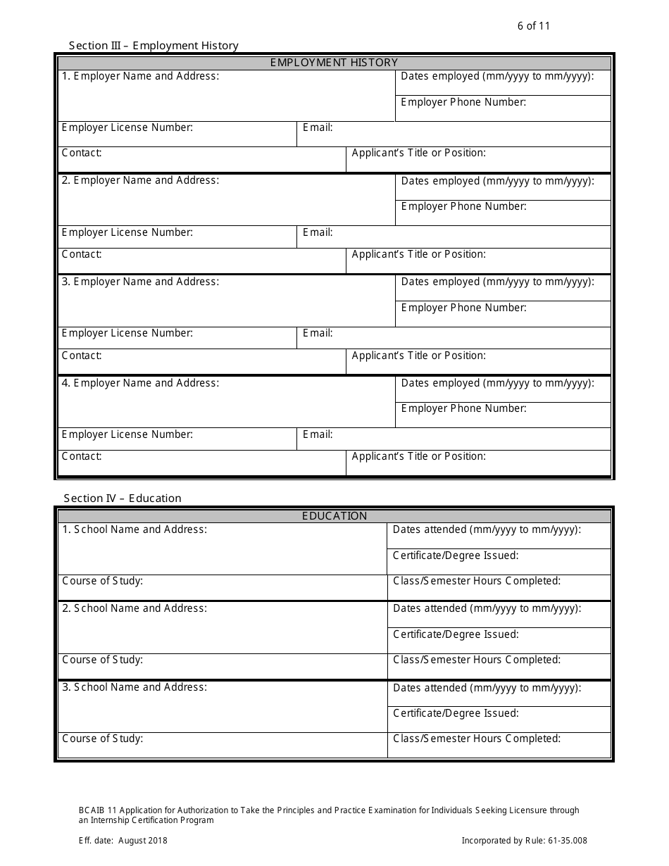 Form DBPR BCAIB11 Application for Authorization to Take the Principles and Practice Examination for Individuals Seeking Licensure Through an Internship Certification Program - Florida, Page 6