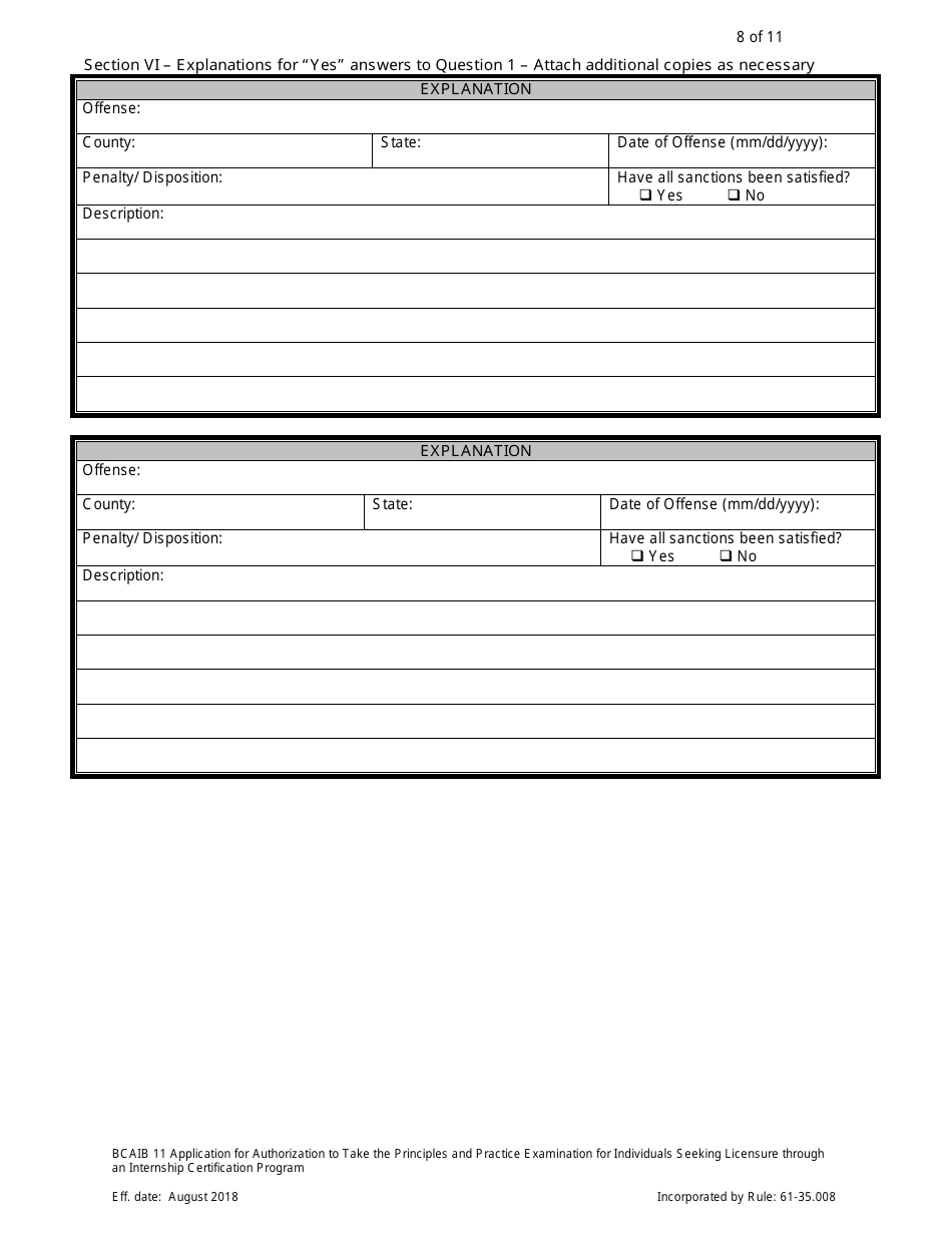 Form DBPR BCAIB11 Application for Authorization to Take the Principles and Practice Examination for Individuals Seeking Licensure Through an Internship Certification Program - Florida, Page 8