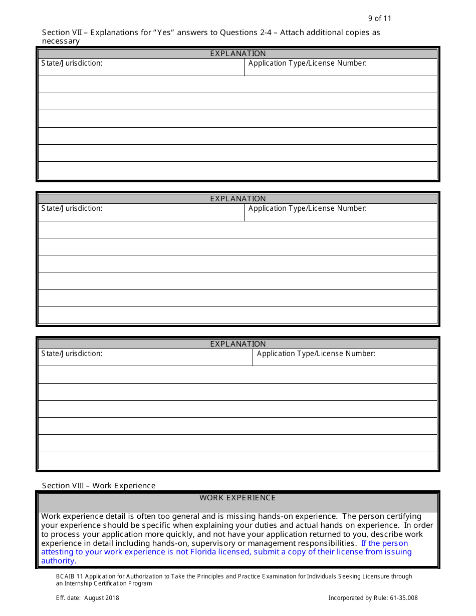 Form DBPR BCAIB11 Application for Authorization to Take the Principles and Practice Examination for Individuals Seeking Licensure Through an Internship Certification Program - Florida, Page 9