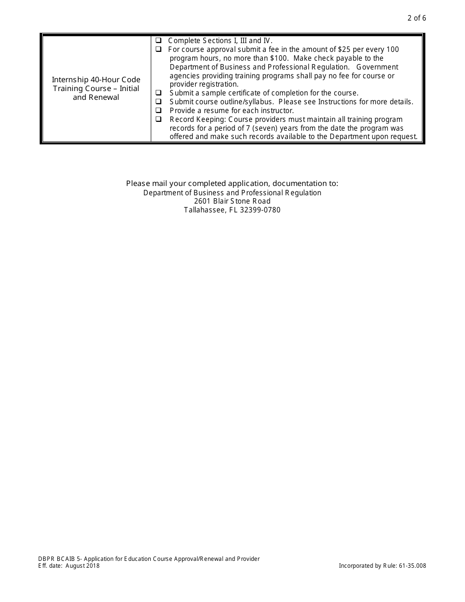 Form DBPR BCAIB5 Application for Education Course Approval / Renewal and Provider - Florida, Page 2