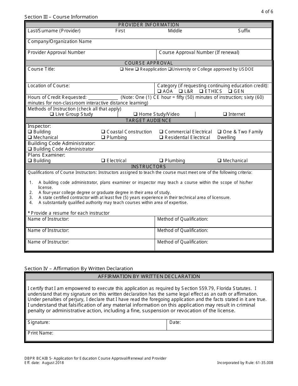 Form DBPR BCAIB5 Application for Education Course Approval / Renewal and Provider - Florida, Page 4