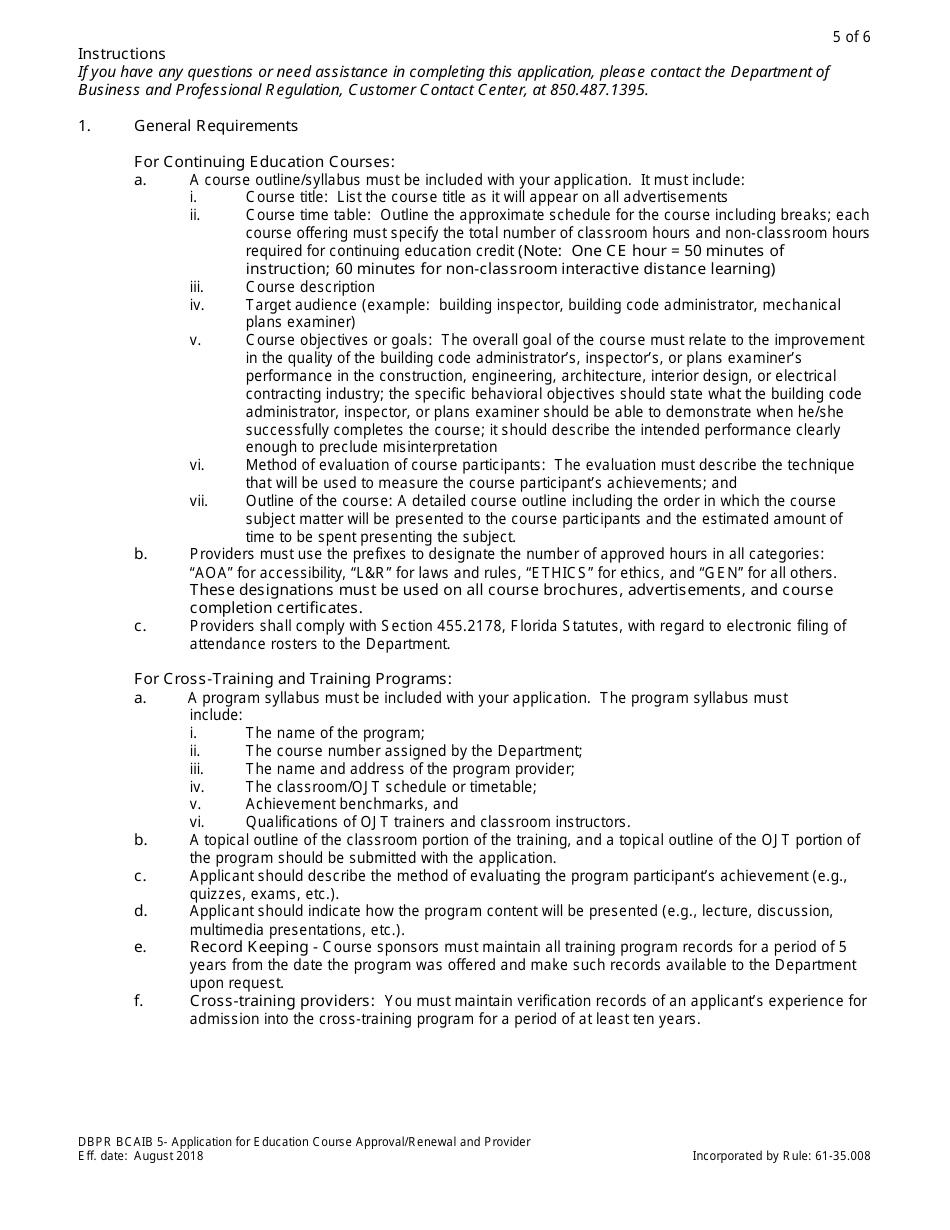 Form DBPR BCAIB5 Application for Education Course Approval / Renewal and Provider - Florida, Page 5