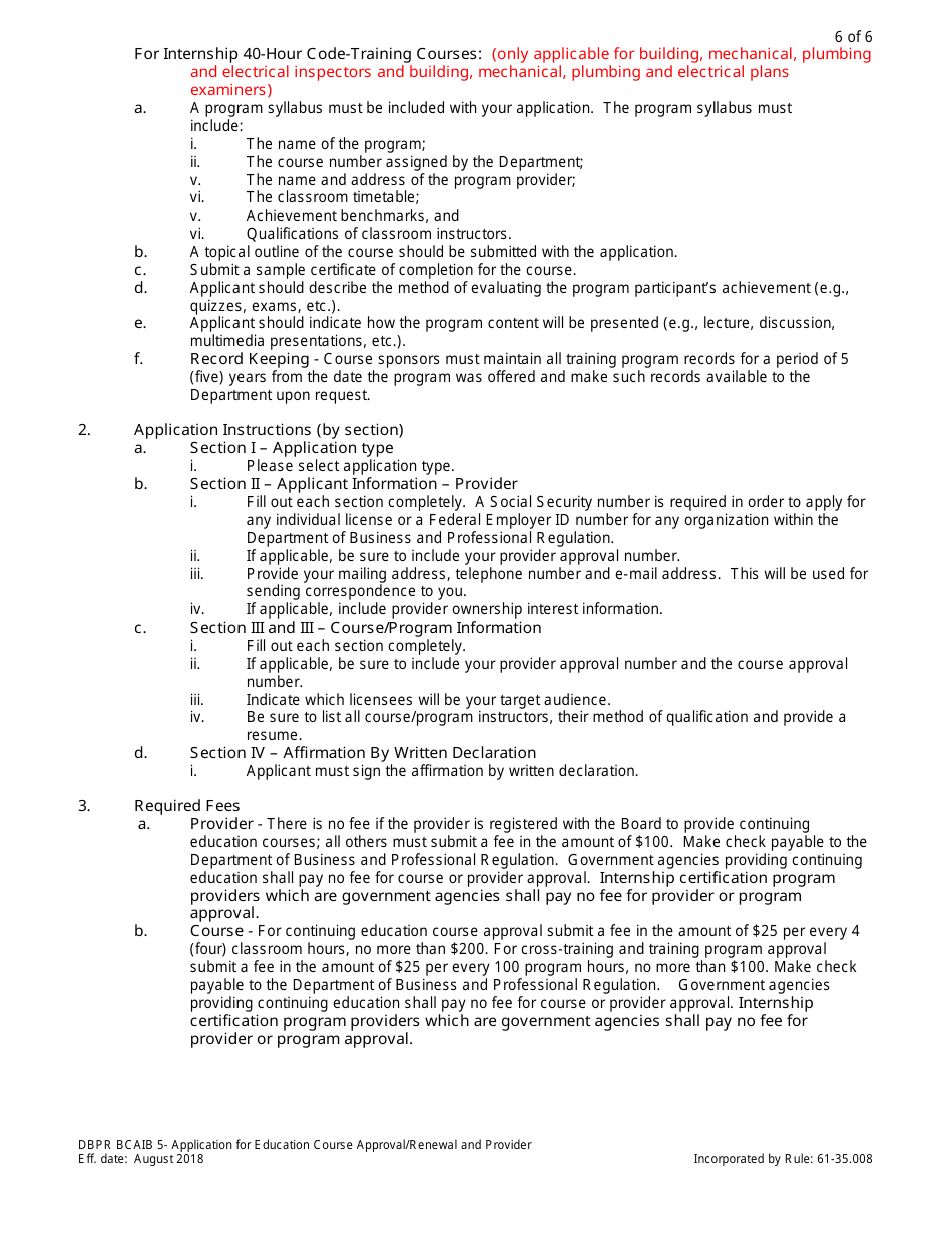 Form DBPR BCAIB5 Application for Education Course Approval / Renewal and Provider - Florida, Page 6