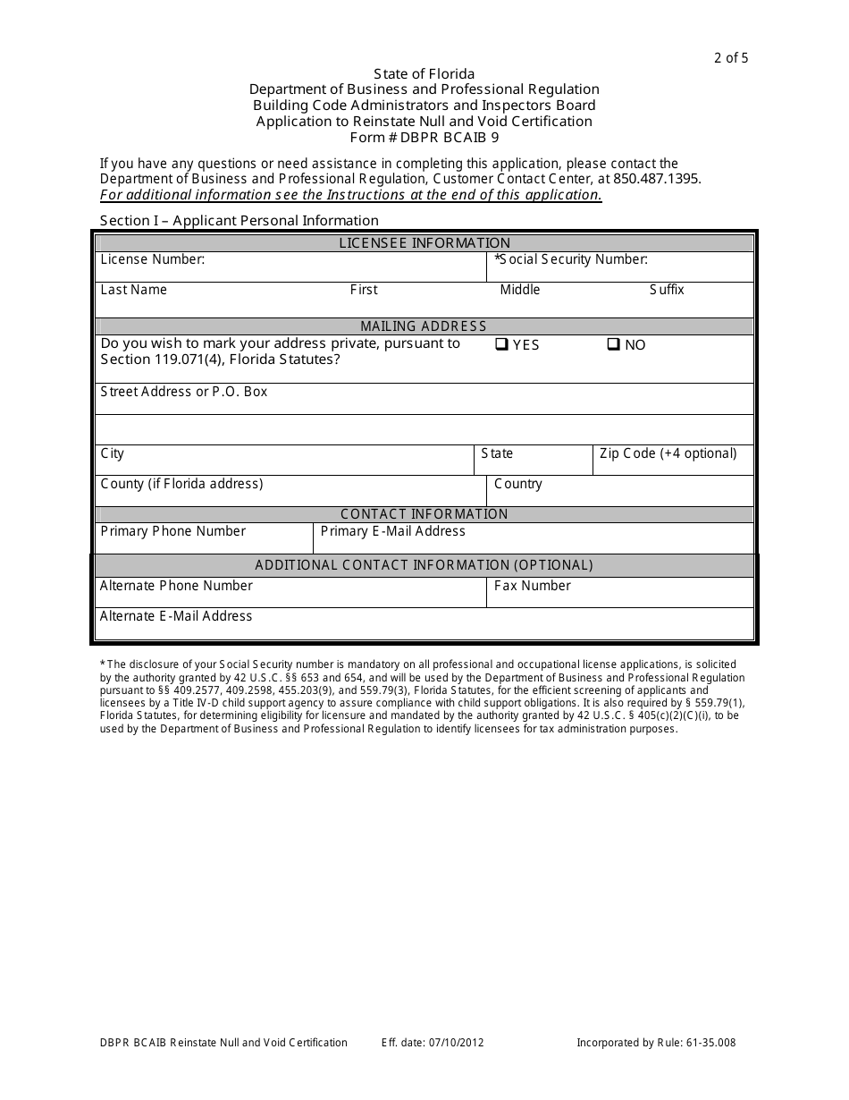 Form DBPR BCAIB9 Application to Reinstate Null and Void Certification - Florida, Page 2