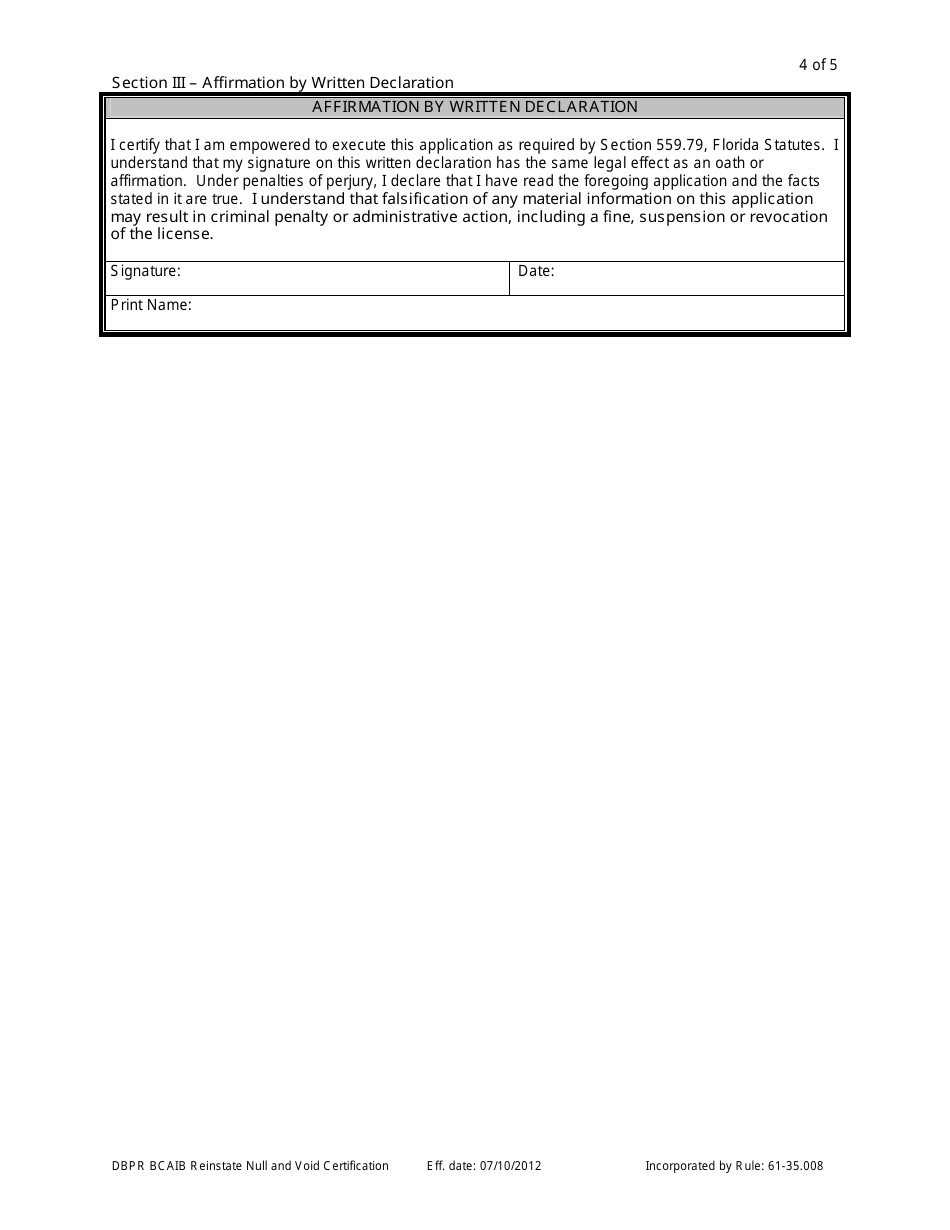 Form DBPR BCAIB9 Application to Reinstate Null and Void Certification - Florida, Page 4