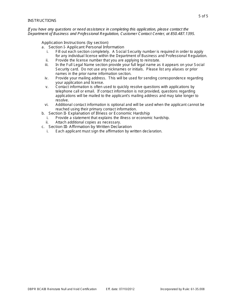 Form DBPR BCAIB9 Application to Reinstate Null and Void Certification - Florida, Page 5