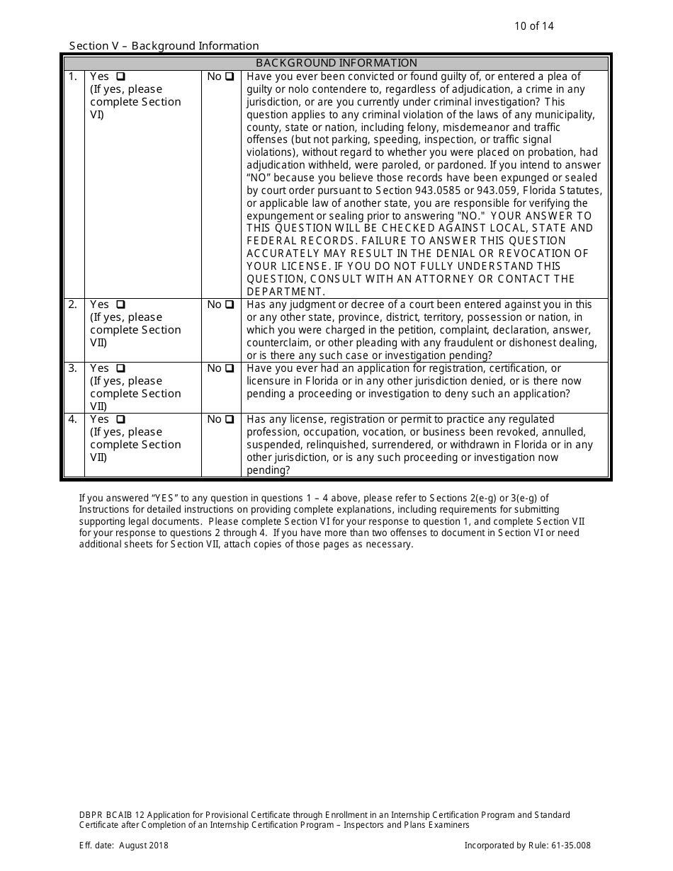 Form DBPR BCAIB12 Application for Provisional Certificate Through Enrollment in an Internship Certification Program and Standard Certificate After Completion of an Internship Certification Program - Inspectors and Plans Examiners - Florida, Page 10