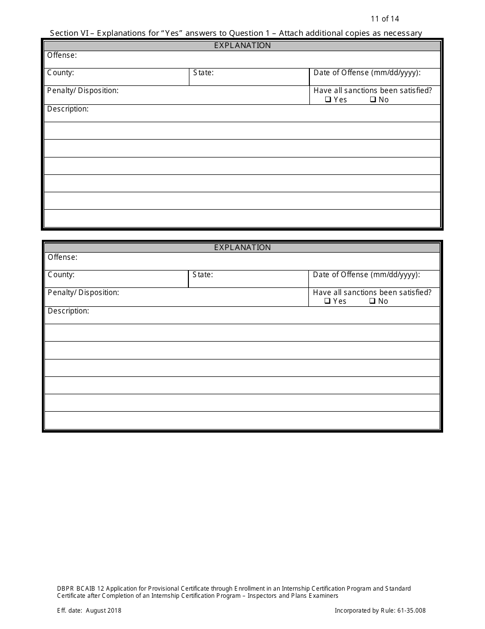 Form DBPR BCAIB12 Application for Provisional Certificate Through Enrollment in an Internship Certification Program and Standard Certificate After Completion of an Internship Certification Program - Inspectors and Plans Examiners - Florida, Page 11