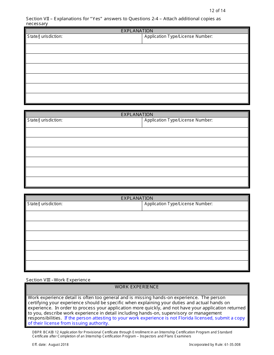 Form DBPR BCAIB12 Application for Provisional Certificate Through Enrollment in an Internship Certification Program and Standard Certificate After Completion of an Internship Certification Program - Inspectors and Plans Examiners - Florida, Page 12