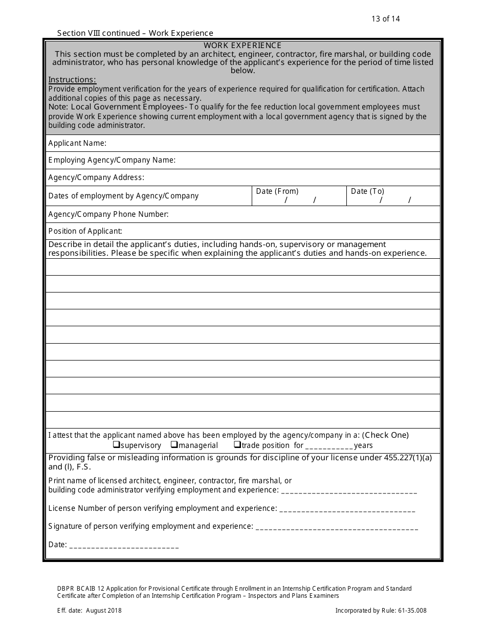 Form DBPR BCAIB12 Application for Provisional Certificate Through Enrollment in an Internship Certification Program and Standard Certificate After Completion of an Internship Certification Program - Inspectors and Plans Examiners - Florida, Page 13