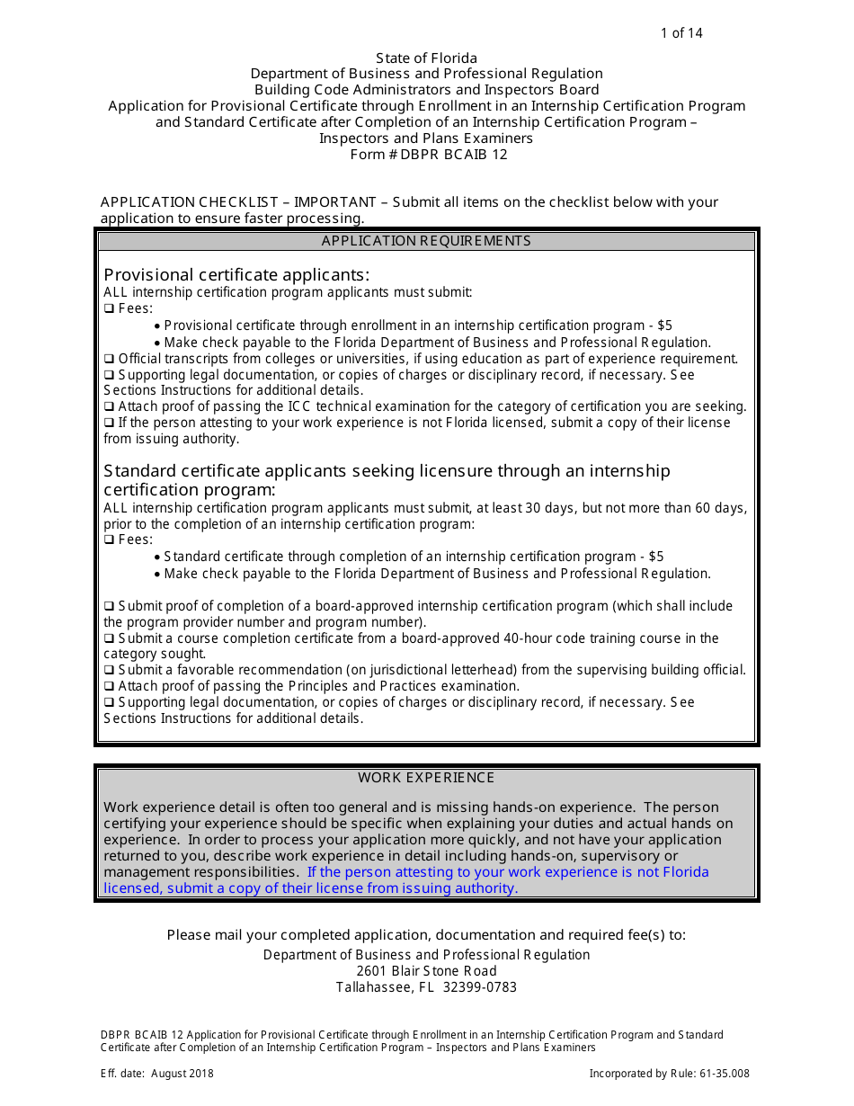 Form DBPR BCAIB12 Application for Provisional Certificate Through Enrollment in an Internship Certification Program and Standard Certificate After Completion of an Internship Certification Program - Inspectors and Plans Examiners - Florida, Page 1