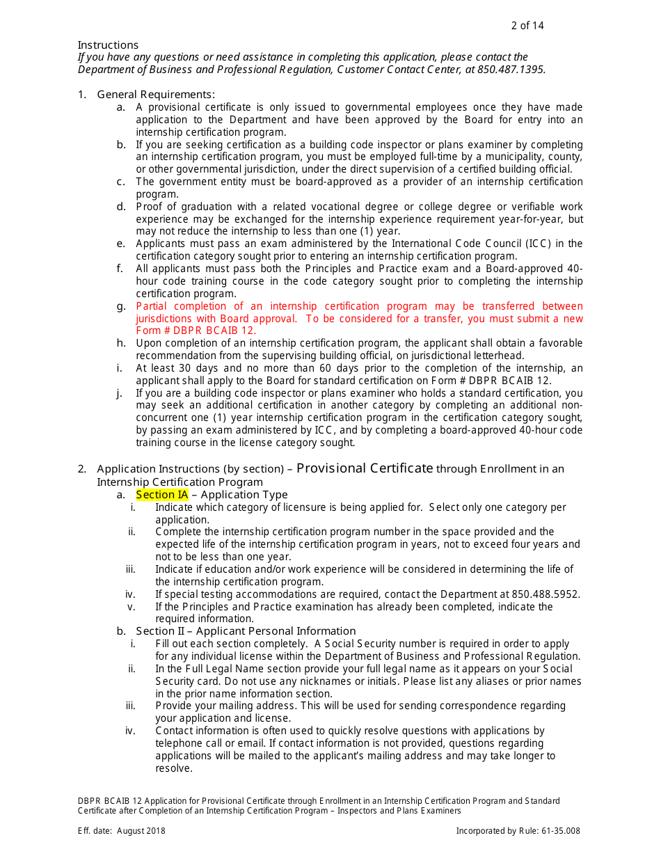 Form DBPR BCAIB12 Application for Provisional Certificate Through Enrollment in an Internship Certification Program and Standard Certificate After Completion of an Internship Certification Program - Inspectors and Plans Examiners - Florida, Page 2