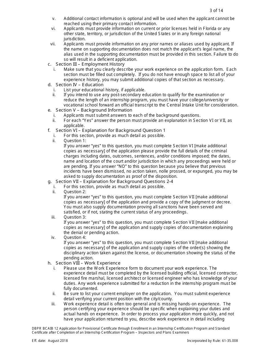 Form DBPR BCAIB12 Application for Provisional Certificate Through Enrollment in an Internship Certification Program and Standard Certificate After Completion of an Internship Certification Program - Inspectors and Plans Examiners - Florida, Page 3