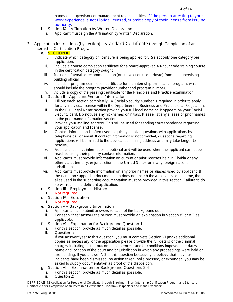Form DBPR BCAIB12 Application for Provisional Certificate Through Enrollment in an Internship Certification Program and Standard Certificate After Completion of an Internship Certification Program - Inspectors and Plans Examiners - Florida, Page 4
