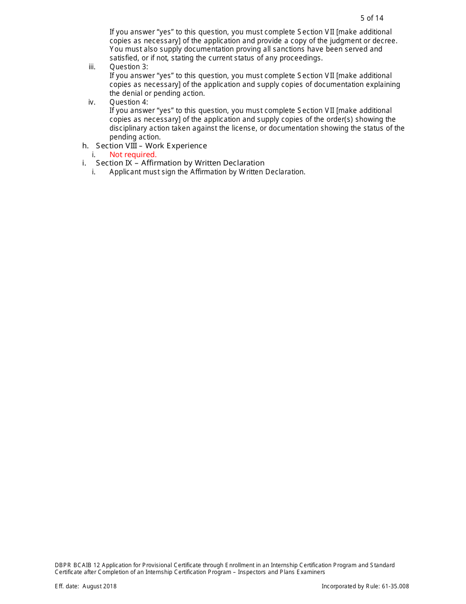 Form DBPR BCAIB12 Application for Provisional Certificate Through Enrollment in an Internship Certification Program and Standard Certificate After Completion of an Internship Certification Program - Inspectors and Plans Examiners - Florida, Page 5