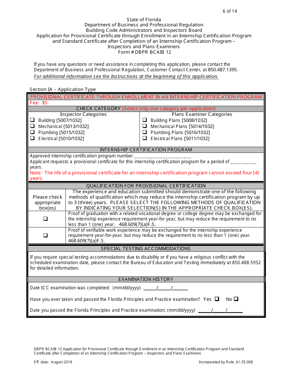 Form DBPR BCAIB12 Application for Provisional Certificate Through Enrollment in an Internship Certification Program and Standard Certificate After Completion of an Internship Certification Program - Inspectors and Plans Examiners - Florida, Page 6