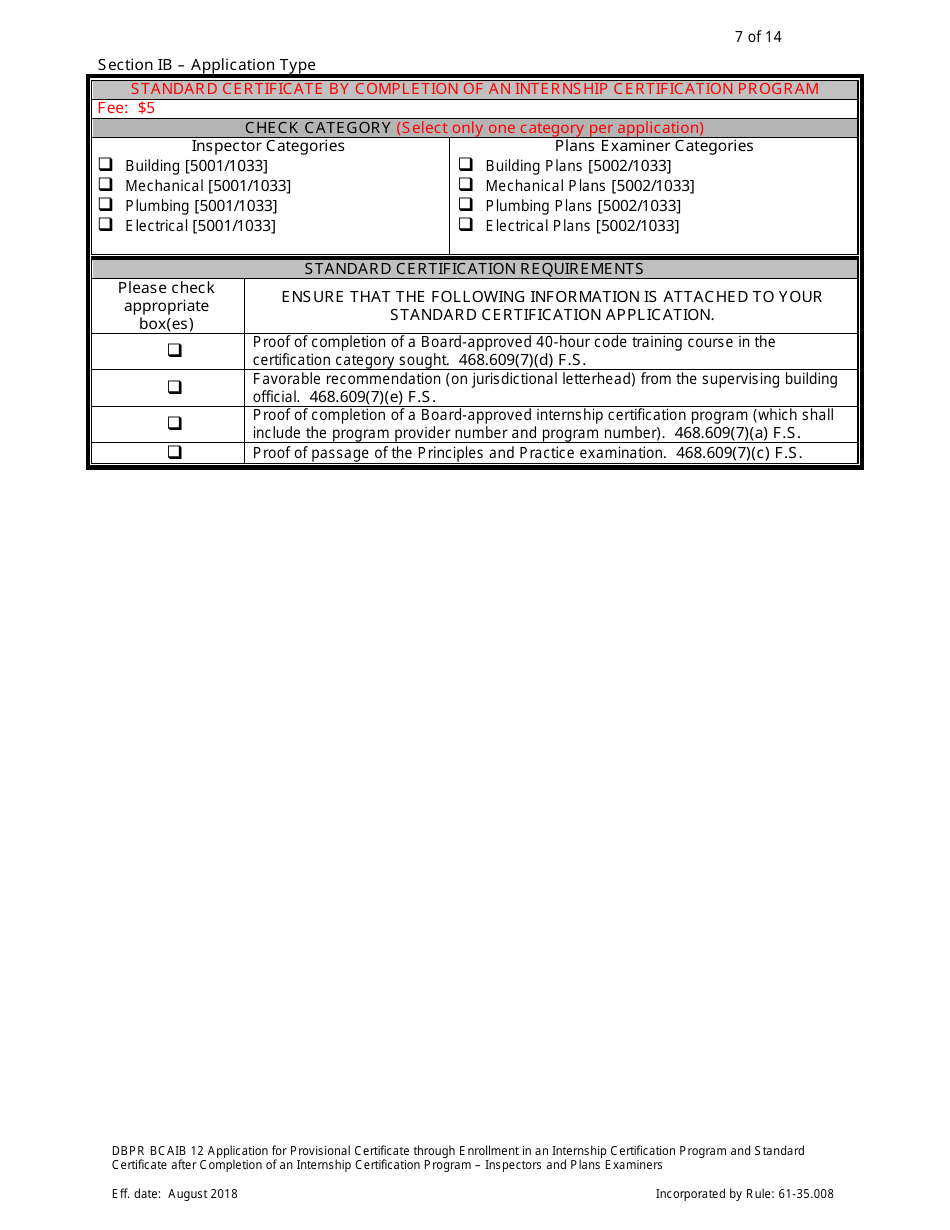 Form DBPR BCAIB12 Application for Provisional Certificate Through Enrollment in an Internship Certification Program and Standard Certificate After Completion of an Internship Certification Program - Inspectors and Plans Examiners - Florida, Page 7