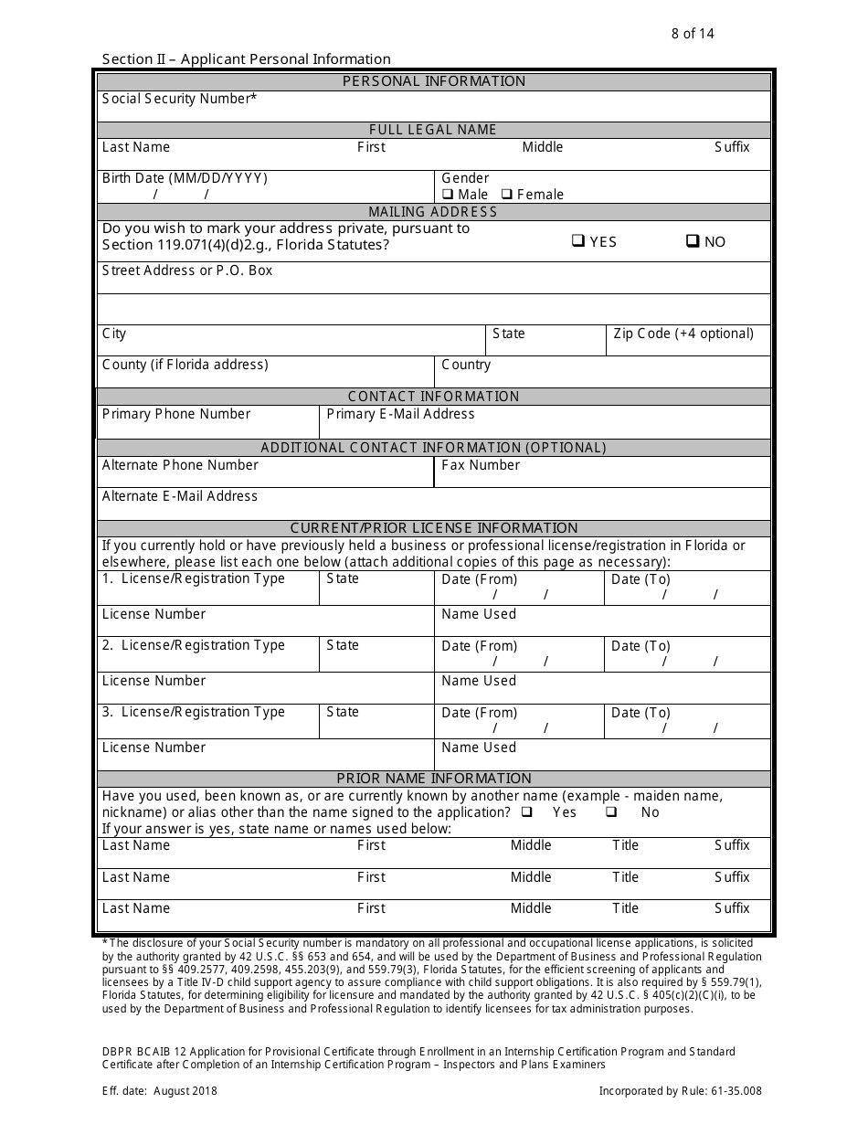 Form DBPR BCAIB12 Application for Provisional Certificate Through Enrollment in an Internship Certification Program and Standard Certificate After Completion of an Internship Certification Program - Inspectors and Plans Examiners - Florida, Page 8