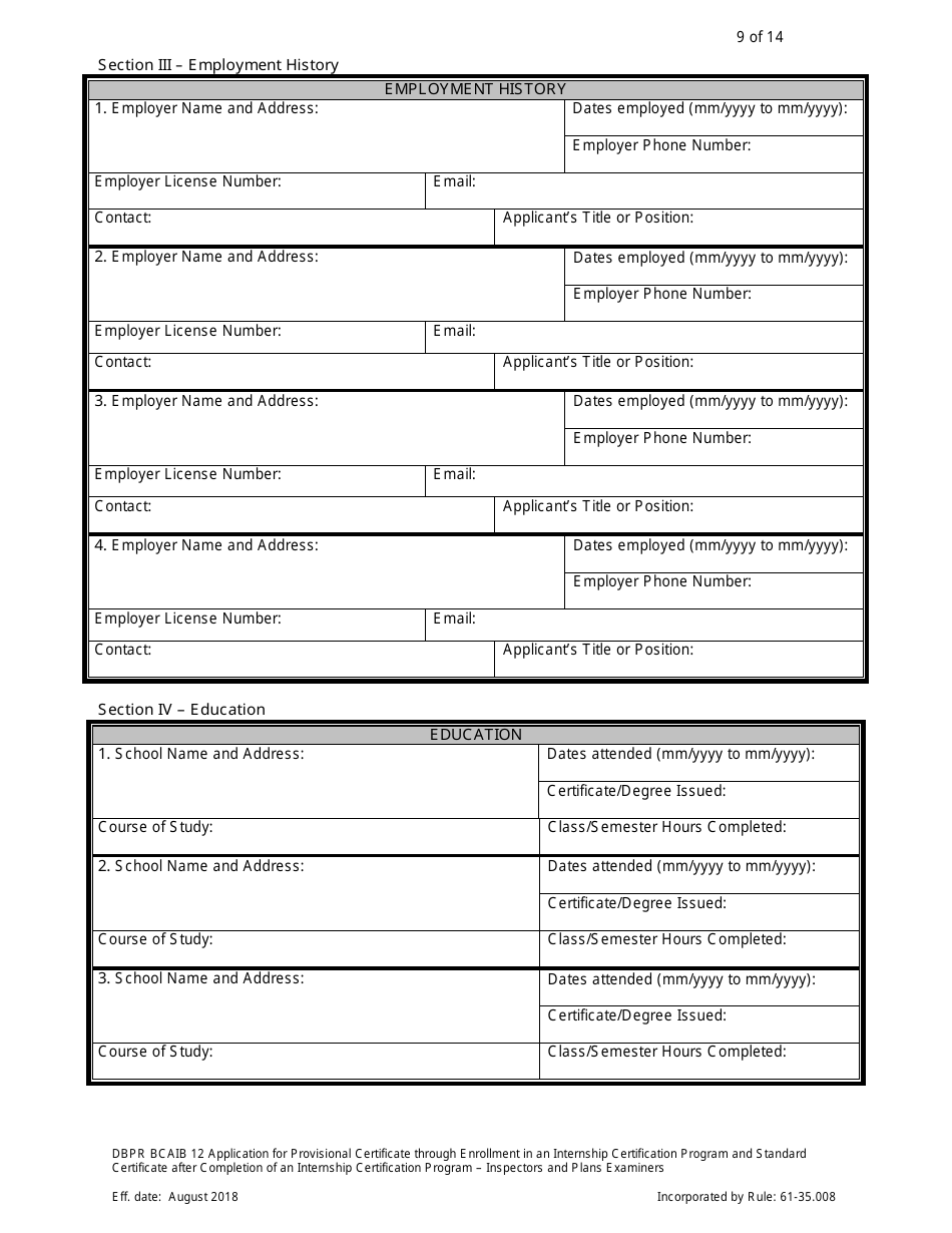 Form DBPR BCAIB12 Application for Provisional Certificate Through Enrollment in an Internship Certification Program and Standard Certificate After Completion of an Internship Certification Program - Inspectors and Plans Examiners - Florida, Page 9