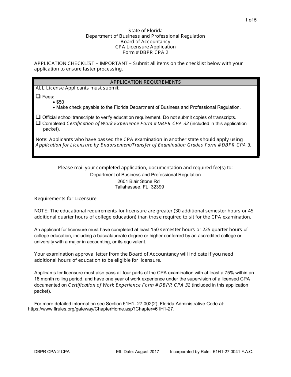 Form DBPR CPA2 CPA Licensure Application - Florida, Page 1