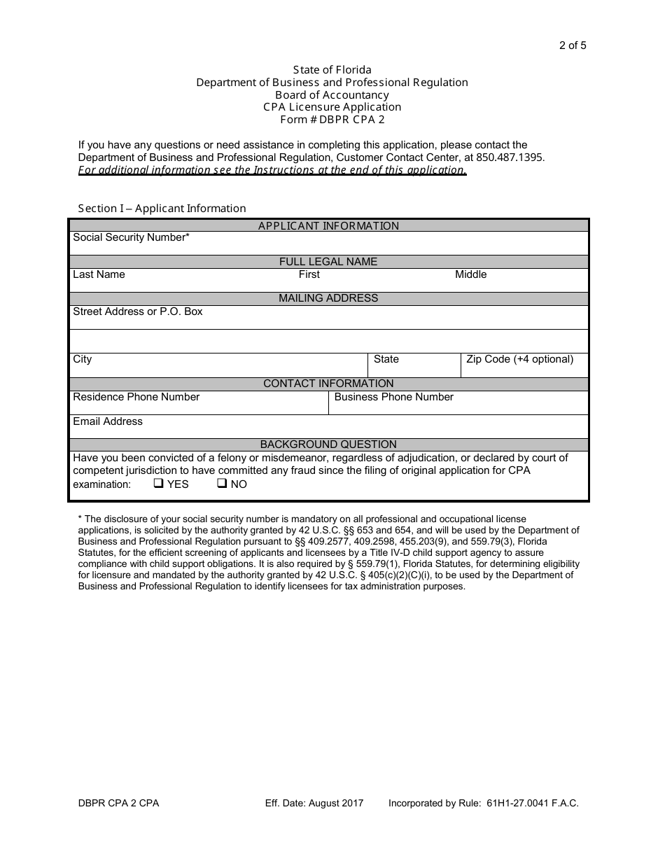 Form DBPR CPA2 CPA Licensure Application - Florida, Page 2