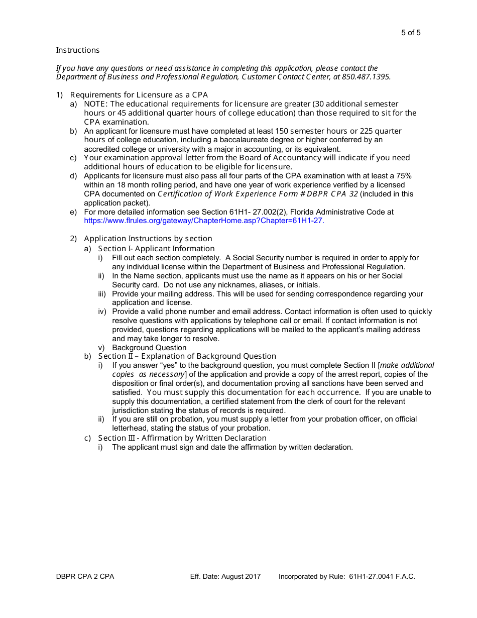 Form DBPR CPA2 CPA Licensure Application - Florida, Page 5