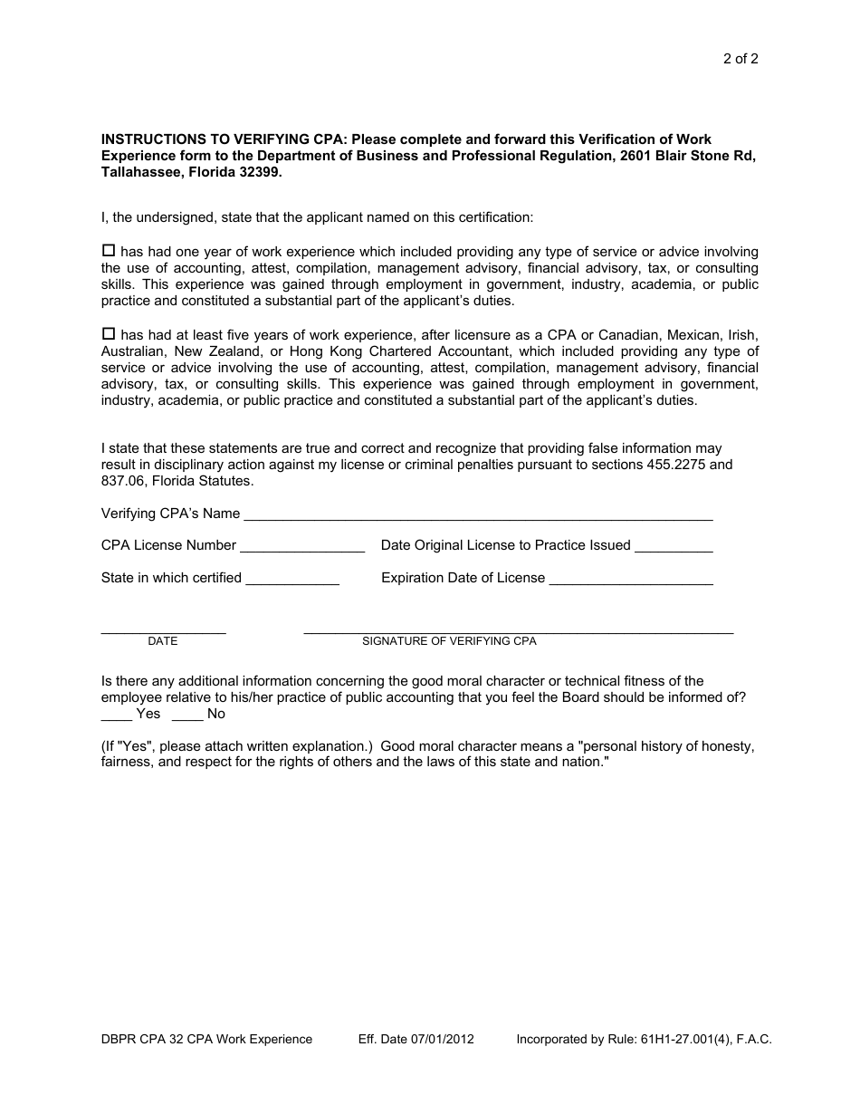 Form DBPR CPA2 CPA Licensure Application - Florida, Page 7