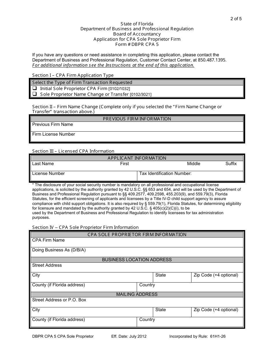 Form DBPR CPA5 Application for CPA Sole Proprietor Firm - Florida, Page 2